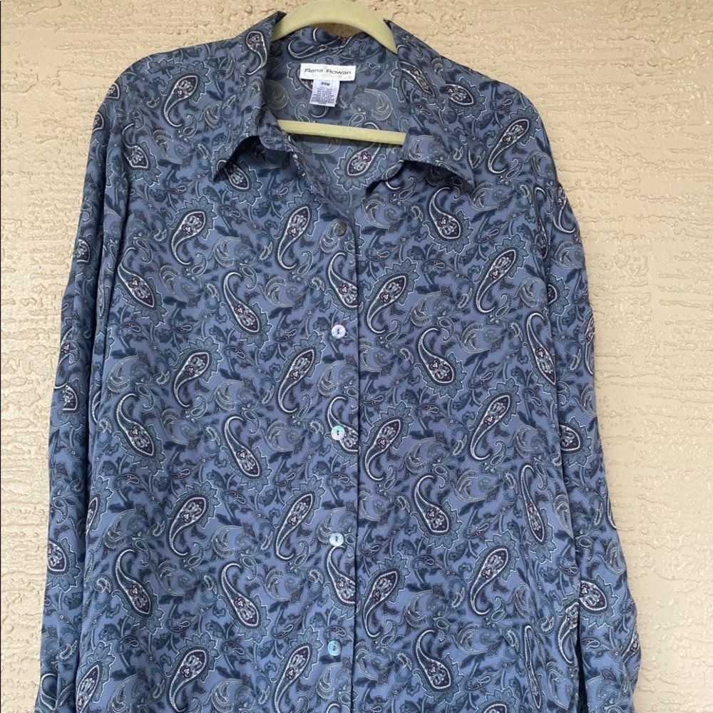 Rena Rowen Womens 24W Silk Collared Paisley Button Up Long Sleeve V Neck Top